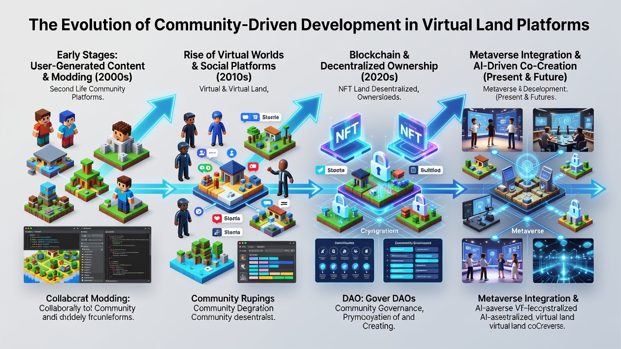 Community members collaborating on virtual land development using shared tools and governance dashboards